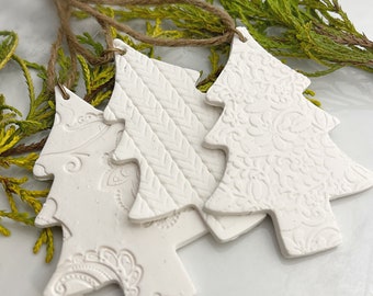 Minimalist White Christmas Tree Ornaments, Textured Clay Ornaments, Scandinavian Decor, Rustic Holiday Decor