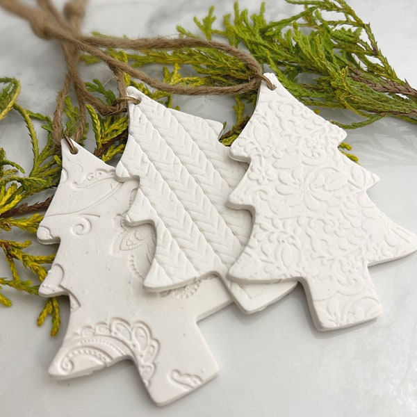 Minimalist White Christmas Tree Ornaments, Textured Clay Ornaments, Scandinavian Decor, Rustic Holiday Decor