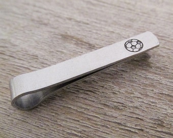 Soccer Ball Tie Bar - Short Tie Clip - Hand Stamped Tie Clip - Aluminum Tie Bar - Soccer Player gift - Coach gift