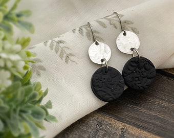 Black Floral Stamped Earrings, Handmade Clay Earrings, Black and Silver Circle Dangle Earrings, Lightweight Hypoallergenic