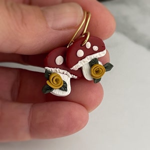 Mushroom Earrings: Toadstool Jewelry with Yellow Roses