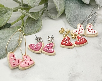 Valentine Heart Cookie Earrings, Valentine’s Day Gift, Pink Sugar Cookie Earrings, Post or Hoop Polymer Clay Earrings