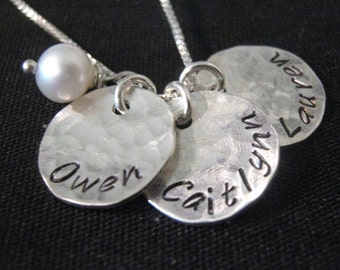 Personalized Necklace - Hand Stamped Mommy Necklace - Three Loves - personalized mothers necklace with pearl - Mom Gift