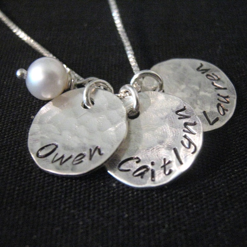 Personalized Necklace Hand Stamped Mommy Necklace Three Loves personalized mothers necklace with pearl Mom Gift image 1