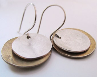 Disk Earrings - Stacked Earrings - mixed metal earrings - hammered earrings Silver and Brass Disks, Minimalist Earrings, Everyday Earrings