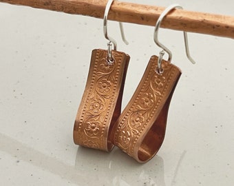 Copper Earrings, Floral Earrings, Embossed Earrings, Hammered Metal Earrings, copper anniversary, Boho Earrings