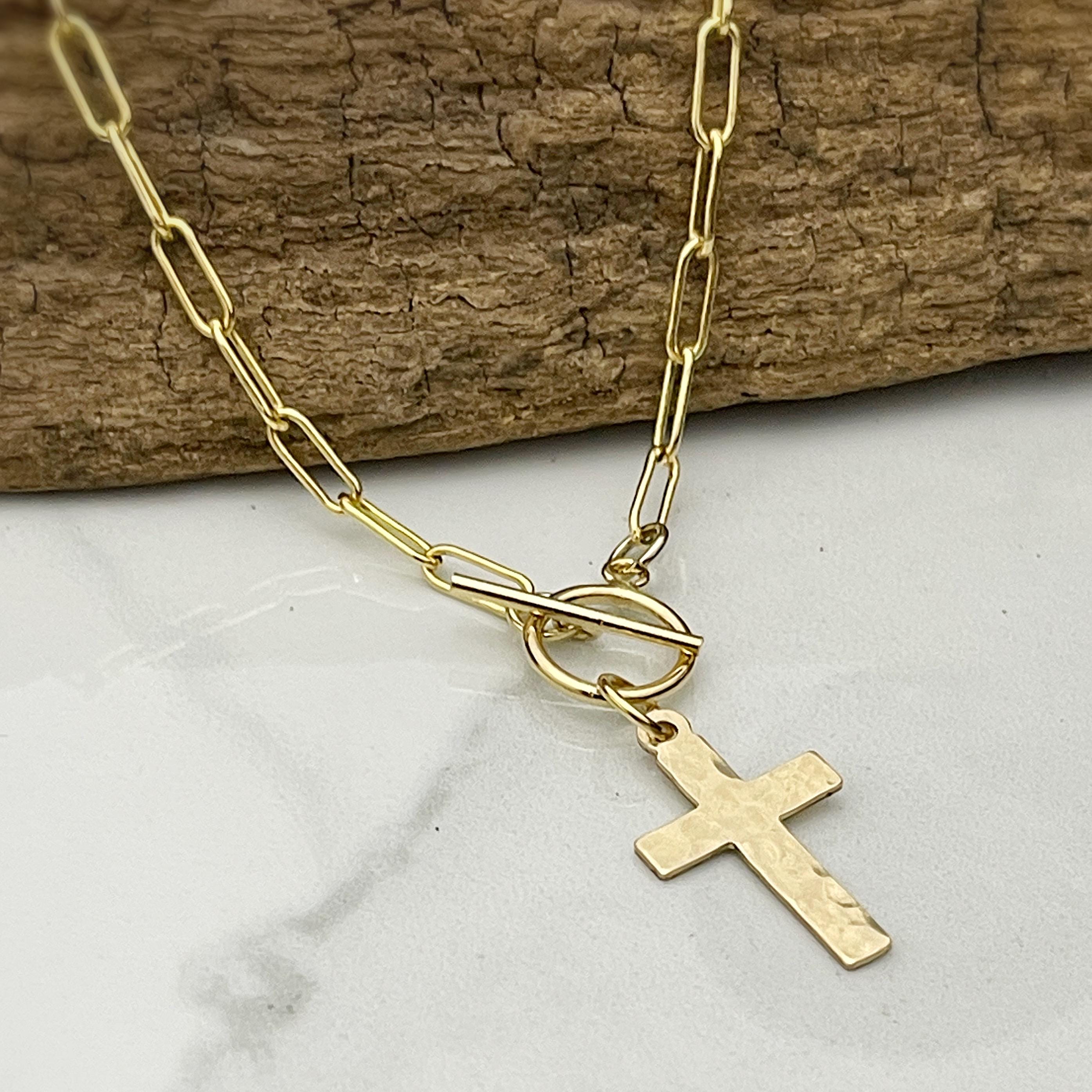 14k gold filled hammered cross necklace,  confirmation gift, baptism gift, paperclip chain toggle charm necklace, gift for women