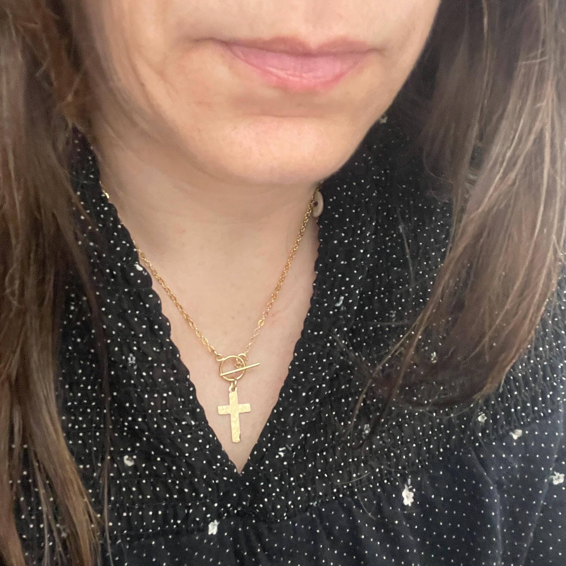 14k gold filled hammered cross necklace,  confirmation gift, baptism gift, paperclip chain toggle charm necklace, gift for women
