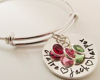 Mom Bracelet with Birthstones, Hand stamped Personalized Mother's Bracelet, Grandma Gift for Mother's Day