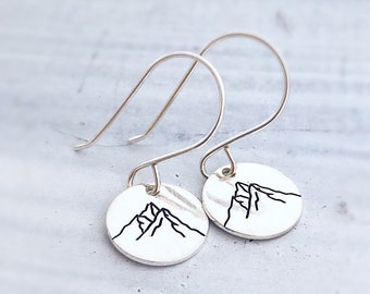 Mountain Earrings - Sterling Silver Disc Earrings - Mountain Jewelry - Wilderness Jewelry Gift for Her