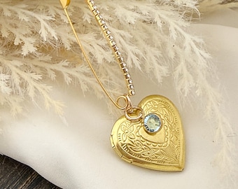 Something Blue Bridal Pin with Locket Charm, Custom Gold Memorial Bouquet Pin, Gift for Brides