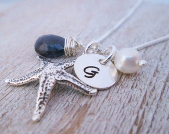 Custom Charm Necklace - September Birthstone Necklace for Her - Starfish Necklace - Bridesmaid Gift - Beach Necklace - Personalized Jewelry