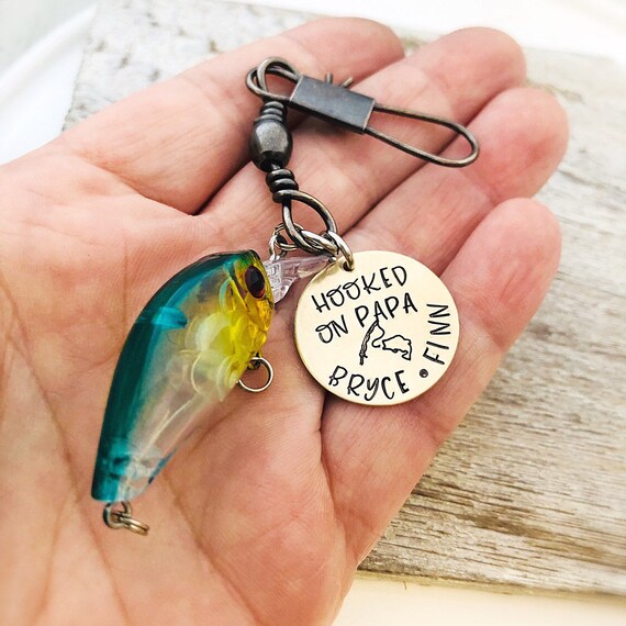 Hooked on Papa, Personalized Christmas Gift for Dad- Fishing Lure Keychain  - Grandpa Gift from Grandsons 