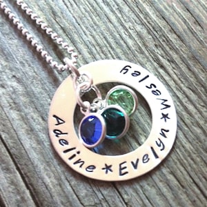 Personalized Sterling Silver Birthstone Necklace - Hand Stamped Washer