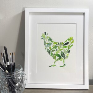 Leafy Chicken, watercolor painting print, Farmhouse Print, Chicken Watercolor Giclee Print, Chicken Wall Art, Leaf Wall Art, Cute Wall Decor