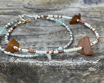 Beaded Ankle Bracelet, Beach Glass Sea Glass and Seed Bead Anklet, Minimalist Anklet, Beachy Summer Jewelry Gift for Her