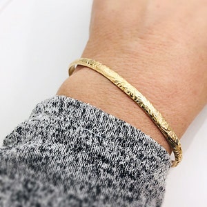 Hidden Message Gold Cuff Bracelet, Personalized Message Jewelry, Gift for Her, Minimalist Floral Bracelet