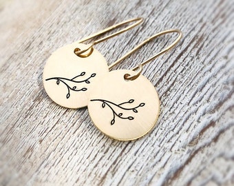 Tree Branch Earrings - Gold Disk Earrings - Woodland Earrings - Nature Lover Gift for Her - Nature earrings - Nature Inspired Gifts - Leaves