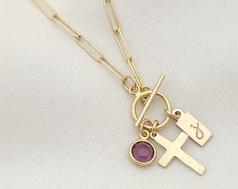 14k gold filled hammered cross necklace,  confirmation gift, baptism gift, paperclip chain toggle charm initial necklace, gift for women