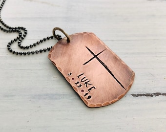 Cross Necklace for Him, Copper Dog Tag Necklace, Confirmation Gift for Boy