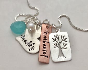 Family Tree necklace  - personalized necklace-  Mothers Necklace - grandma gift - Custom name necklace for mom - hand stamped jewelry