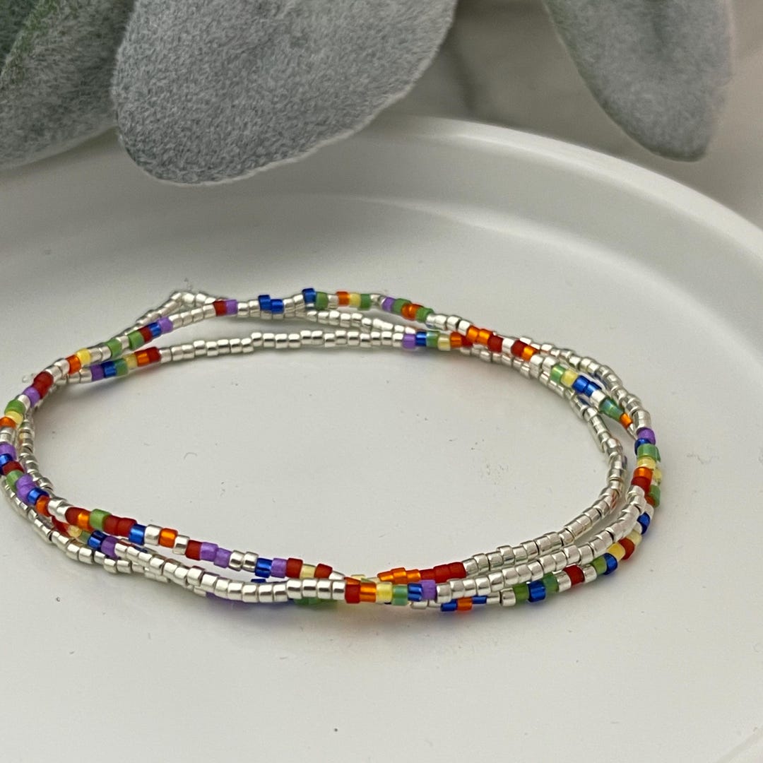 Rainbow Seed Bead Bracelet: Dainty Silver Miyuki Bracelet Stack - Etsy