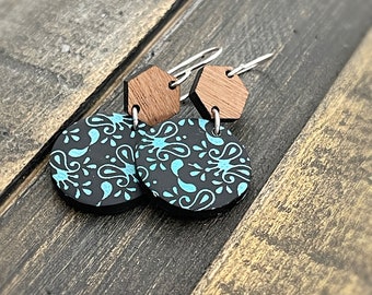 Polymer CLAY EARRINGS , Turquoise and black handmade earrings, BOHO earrings