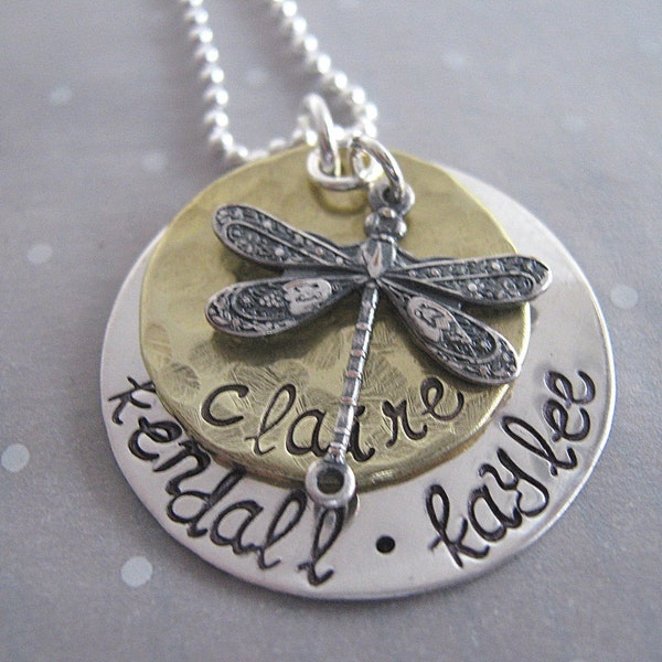 Handstamped necklace - Dragonfly mothers necklace - personalized jewelry