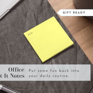 May include: Yellow Post-it Note with the text "pls fix" written on it. The note is on a gray surface with a laptop and a pen in the background. The text "Office Post-It Notes Put some fun back into your daily routine." is at the bottom of the image.