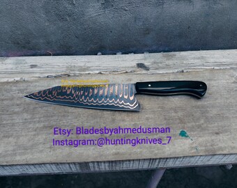 Copper Damascus Chef Knife: Hand Forged San Mai Blade