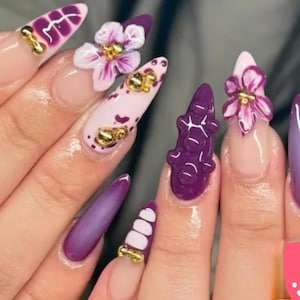 Luxury Handmade Press On Nails, Party Nails, Trendy Nails, Elegant Nails, Long Nails, Pink nails, Purple nails,Flower nails,Spring nails