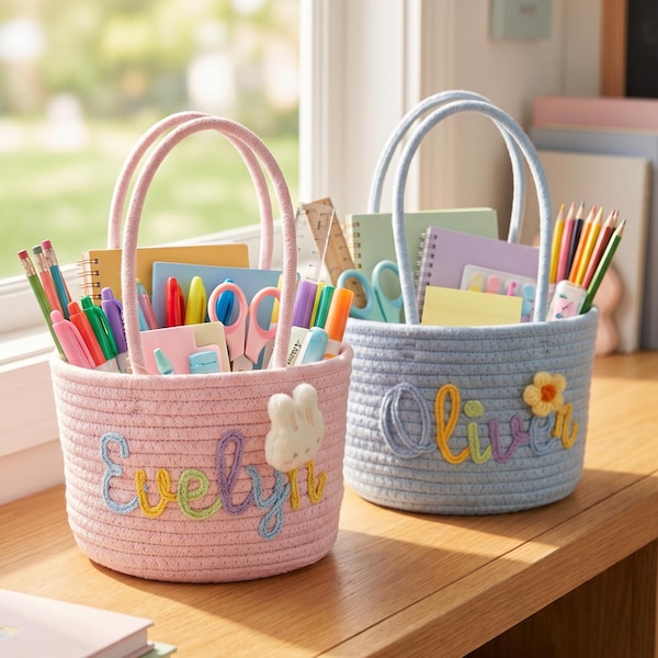 Cesta de algodón personalizada hecha a mano con nombre: Cesta personalizada hecha a mano • Regalo para baby shower • Organizador de juguetes • Almacenamiento de juguetes • Cesta para la vuelta al cole