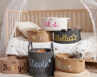 Cesta personalizada con el nombre del bebé: Cesta artesanal personalizada con cuerda de algodón, cesta para mascotas, regalo personalizado para baby shower, almacenamiento de juguetes, regalo de Navidad.