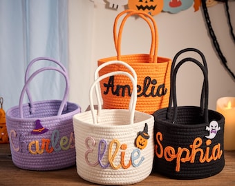 Custom Name Halloween Candy Basket, Personalized Cotton Trick or Treat Bag, Kids Candy Basket, Boo Basket, Halloween Gift, Fall Decor