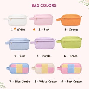 May include: A collection of nine rectangular zippered pouches labeled BAG COLORS. Six are solid colors: white, pink, orange, blue, purple, and green. Three are multi-colored checkered patterns labeled blue combo, white combo, and pink combo.