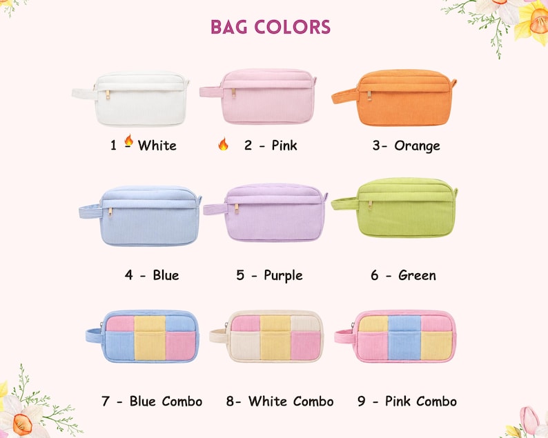 May include: A collection of nine rectangular zippered pouches labeled BAG COLORS. Six are solid colors: white, pink, orange, blue, purple, and green. Three are multi-colored checkered patterns labeled blue combo, white combo, and pink combo.