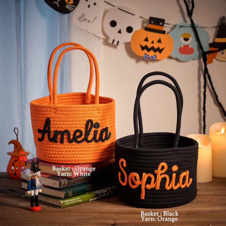 Personalized Halloween Cotton Basket: Custom Name Trick-or-Treat Bag,Custom Baby Shower Name Basket,Toys Storage,Nursery Gift,Pet Basket image 3