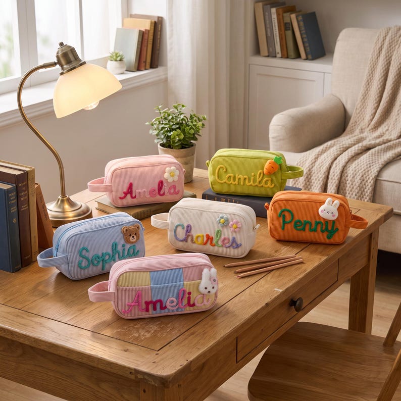 May include: Six rectangular corduroy pencil cases in various colors, each featuring a name embroidered in cursive: Amelia, Camila, Penny, Sophia, Charles, and Amelia. The cases are decorated with small plush appliques like flowers, a bear, a carrot, and rabbits.