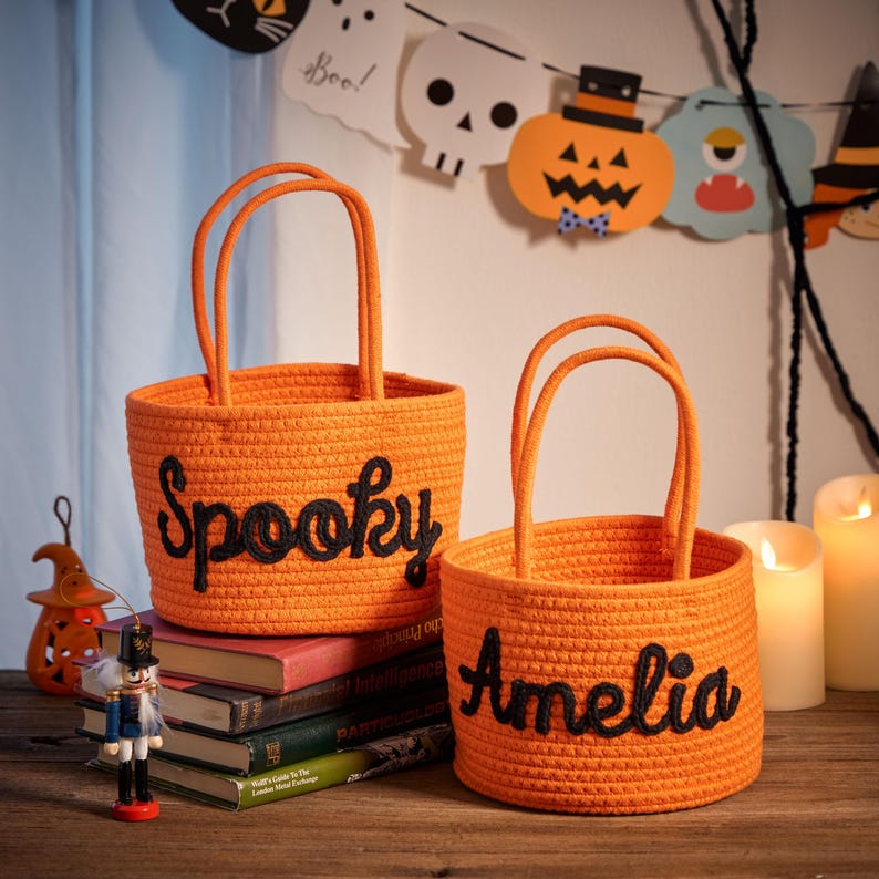 Personalized Halloween Cotton Basket: Custom Name Trick-or-Treat Bag,Custom Baby Shower Name Basket,Toys Storage,Nursery Gift,Pet Basket image 9