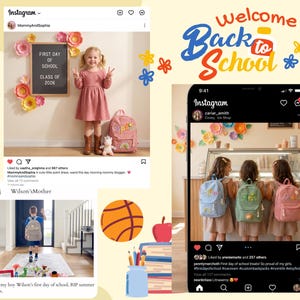以下が含まれることがあります： 子供たちがパーソナライズされたバックパックを背負っている様子を写したSNS投稿のコラージュ。バックパックは水色、緑、ピンクで、それぞれ名前と小さな虹のワッペンが刺繍されています。テキストにはWelcome Back to Schoolと書かれています。