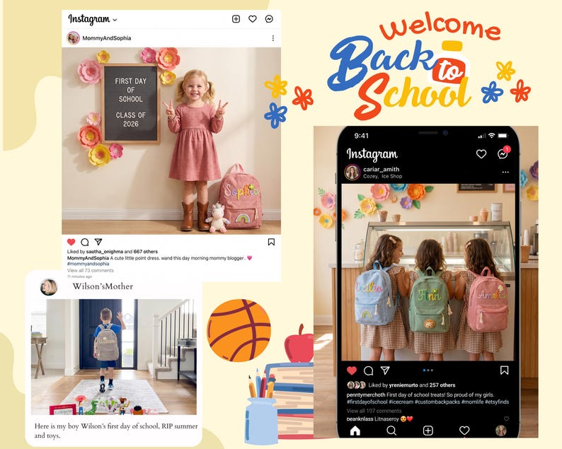以下が含まれることがあります： 子供たちがパーソナライズされたバックパックを背負っている様子を写したSNS投稿のコラージュ。バックパックは水色、緑、ピンクで、それぞれ名前と小さな虹のワッペンが刺繍されています。テキストにはWelcome Back to Schoolと書かれています。