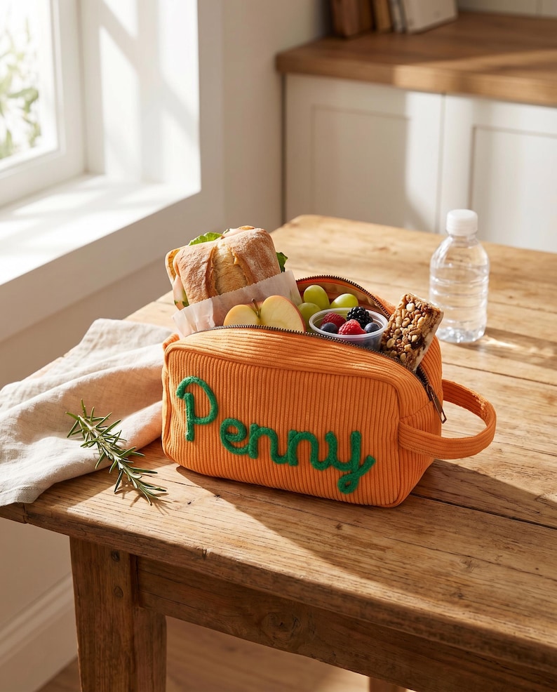 May include: An orange corduroy lunch bag with a handle and a zipper closure, featuring the name Penny embroidered in green cursive script on the front. The bag is filled with a sandwich, apple slices, a small container of berries, and a granola bar.