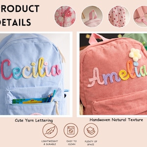 以下が含まれることがあります： ライトブルーとピンクのコーデュロイ製バックパック2点。それぞれCeciliaとAmeliaという名前がカラフルな糸で刺繍されています。フロントポケット、トップハンドル、ショルダーストラップが付いており、PRODUCT DETAILSというテキストが表示されています。