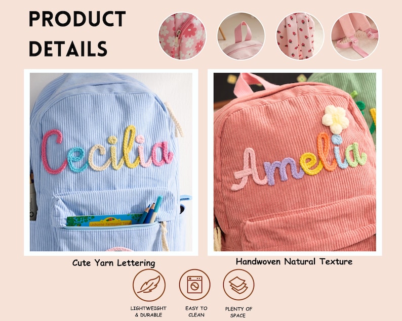 以下が含まれることがあります： ライトブルーとピンクのコーデュロイ製バックパック2点。それぞれCeciliaとAmeliaという名前がカラフルな糸で刺繍されています。フロントポケット、トップハンドル、ショルダーストラップが付いており、PRODUCT DETAILSというテキストが表示されています。