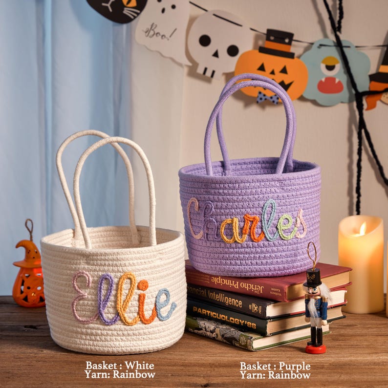 Personalized Halloween Cotton Basket: Custom Name Trick-or-Treat Bag,Custom Baby Shower Name Basket,Toys Storage,Nursery Gift,Pet Basket image 2