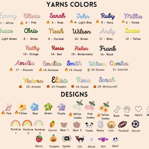 May include: A color chart titled YARNS COLORS displaying 25 numbered names in various thread colors and styles, followed by a section titled DESIGNS featuring small embroidered icons including flowers, animals, sports items, and seasonal symbols.
