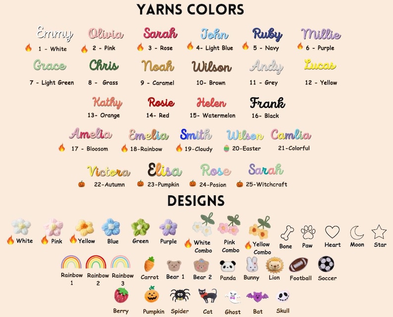 May include: A color chart titled YARNS COLORS displaying 25 numbered names in various thread colors and styles, followed by a section titled DESIGNS featuring small embroidered icons including flowers, animals, sports items, and seasonal symbols.