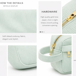 May include: A light mint green ribbed corduroy pouch featuring a gold-tone metal zipper, a rounded padded handle, and detailed stitching. The product display includes text labels for material, hardware, stitching, and handle features.