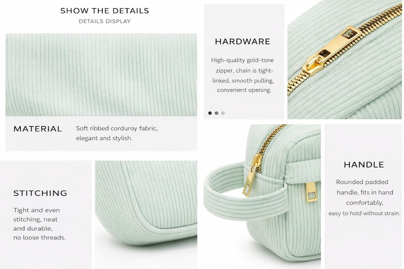 May include: A light mint green ribbed corduroy pouch featuring a gold-tone metal zipper, a rounded padded handle, and detailed stitching. The product display includes text labels for material, hardware, stitching, and handle features.