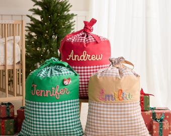 Personalized Plaid Christmas Gift Bag, Custom Name Santa Sack, Embroidered Christmas Sack, Large Holiday Gift Bag, Kids Christmas Decor,